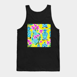 Blue panther, orchids and chinoiserie jars on yellow Tank Top